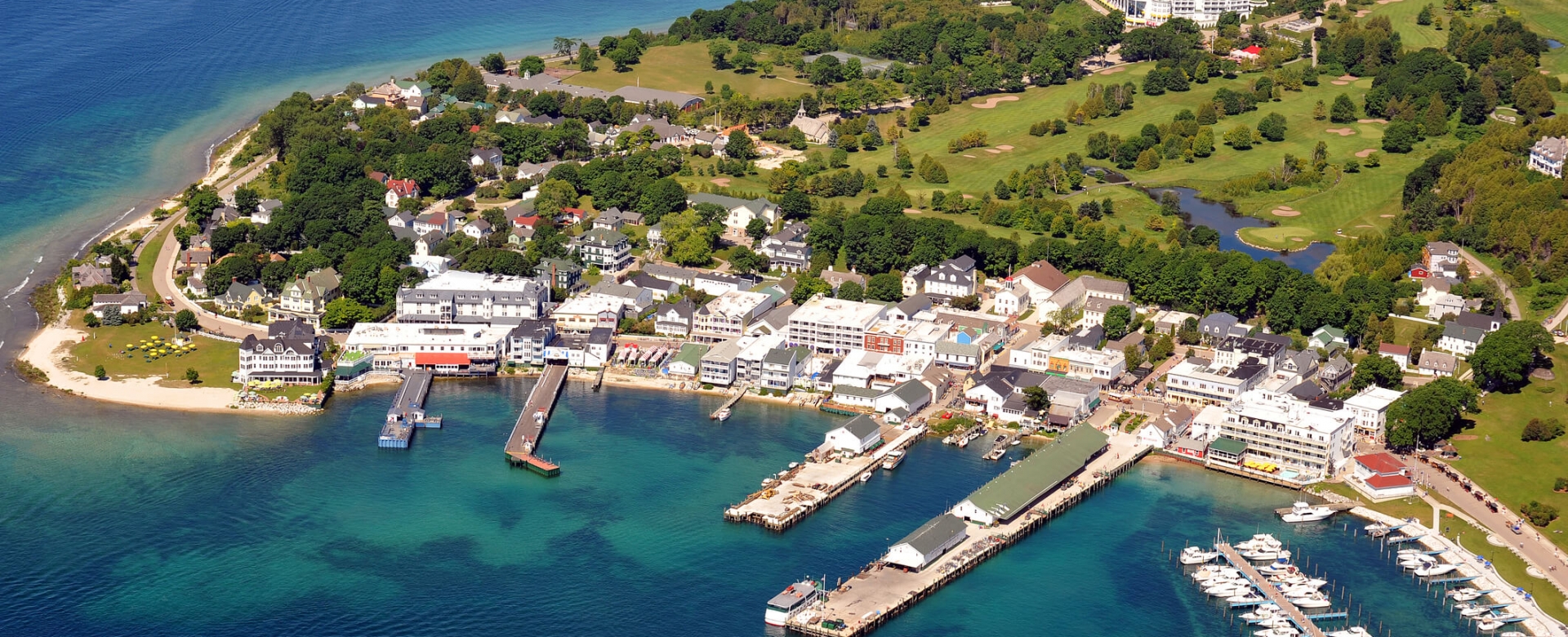 Aerial view of Grand Hotel and Downtown Mackinac