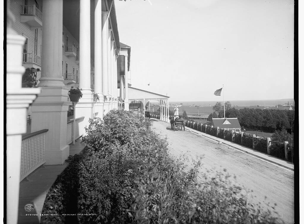 An old black and white photo, the front of the hotel